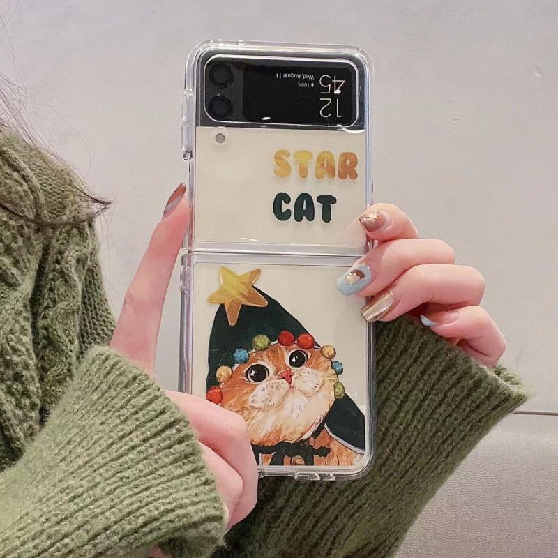 Animal Christmas Cat Phone Case For Samsung Galaxy Z Flip 6 ZFlip5 5G Transaprent Clear Cover For Samsung ZFlip4 Z Flip 3 Fundas