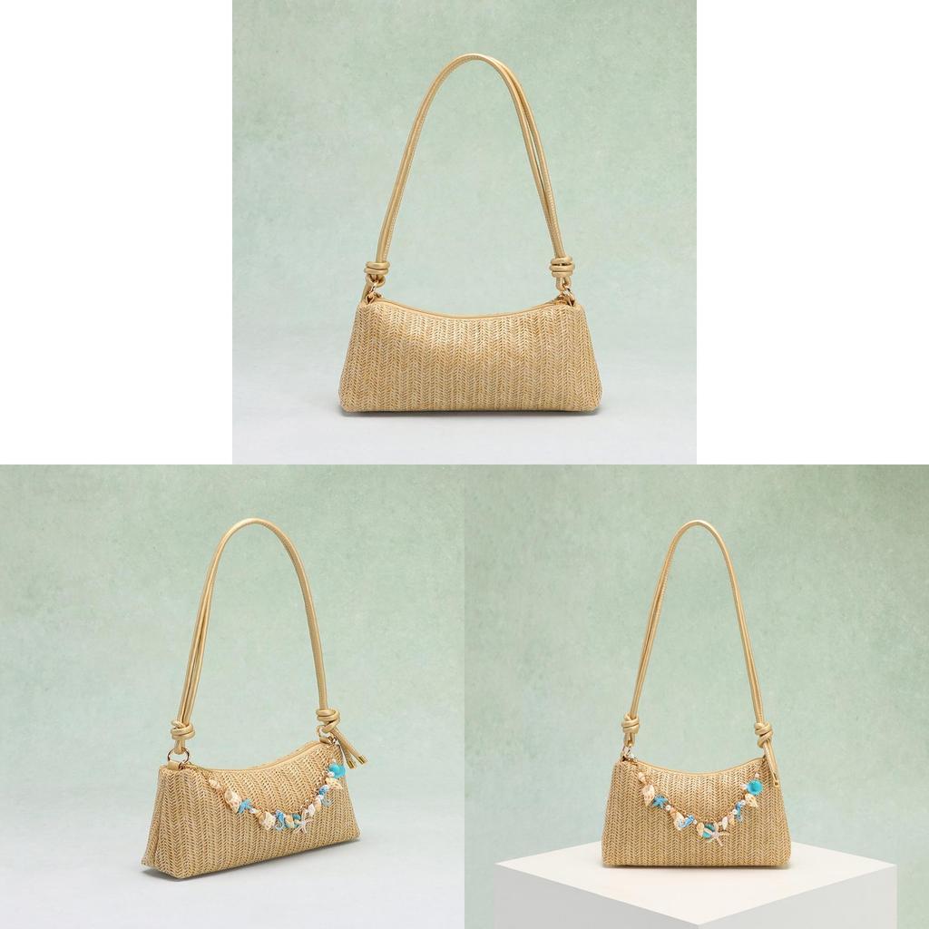 Pp Woven Crossbody Bag With Shell Pendant For Beach Vacation And Casual Wear