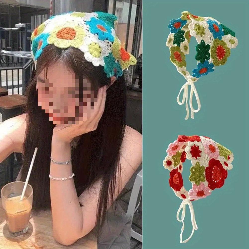 Sweet Cute Handmade Crochet Hollow Triangle Headband Towel Women Spring and Summer Travel Literary Photo Hair Scarf