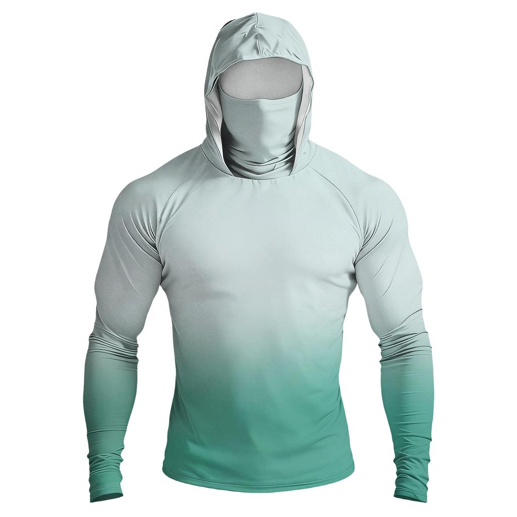 Men Raglan Sleeve Gradient Hooded Long Sleeve Sun Shirt Lightweight Pullover with Thumb Holes for Outdoor Activities