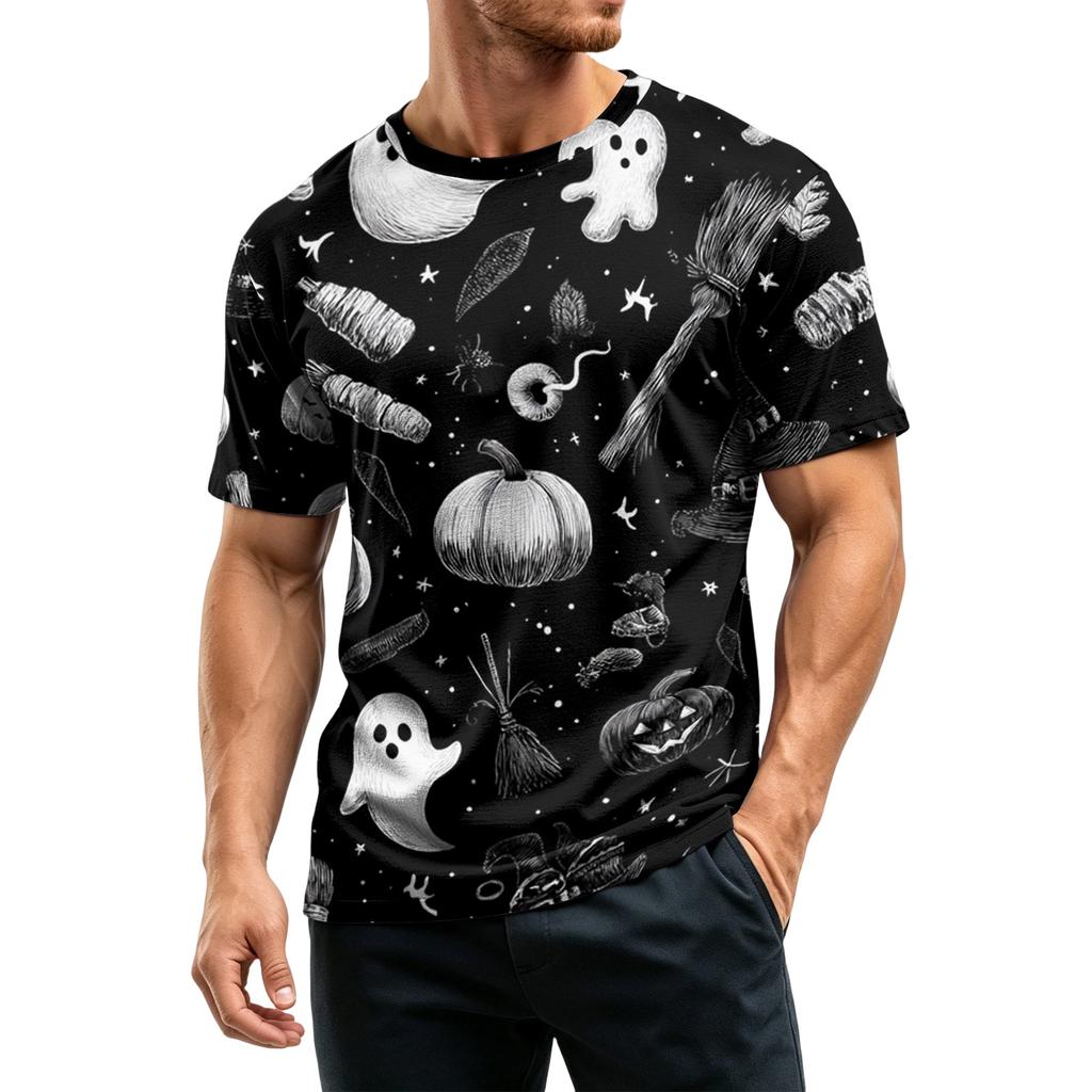 Men's Casual Short Sleeve T-Shirt Lightweight Breathable Fabric Crew Neck Halloween Themed Printed Top for Everyday Wear