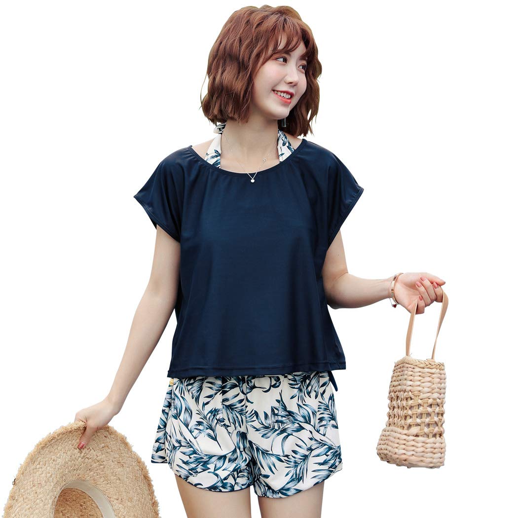 

взрослый танк раш мама hys1618 темно-синий x белый L [TeddyShop] Женский купальник, танкини, закрывающий тело, комплект из 4 предметов, бикини, топ, шорты, футболка, защита,