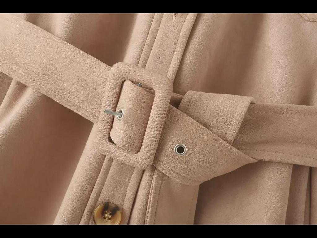 Women's Suede Lapel Jacket & Elastic Waist Straight Pants Set