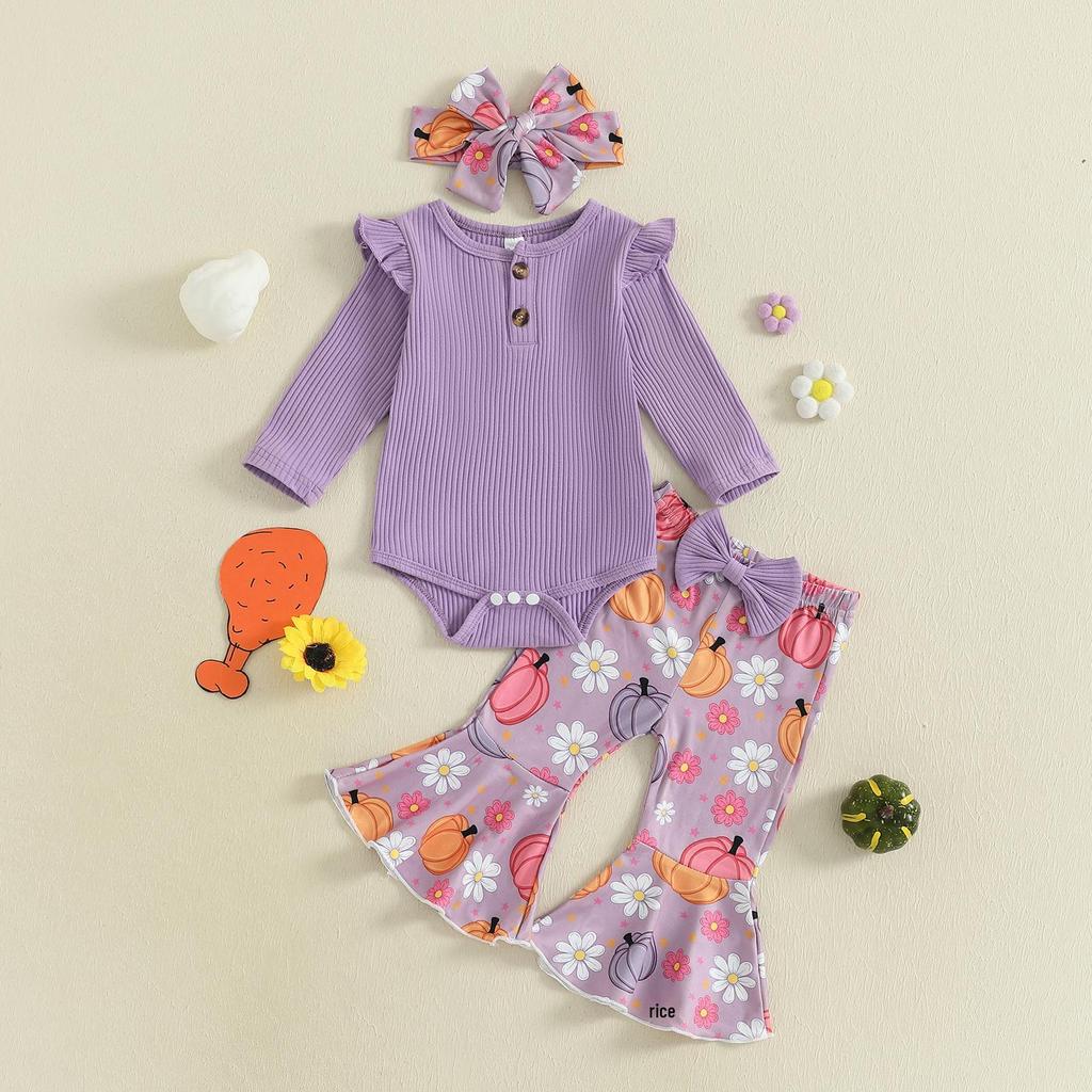Baby Girl Halloween Flutter Sleeve Romper with Ghost/Pumpkin Pants & Headband - 3 Piece Set