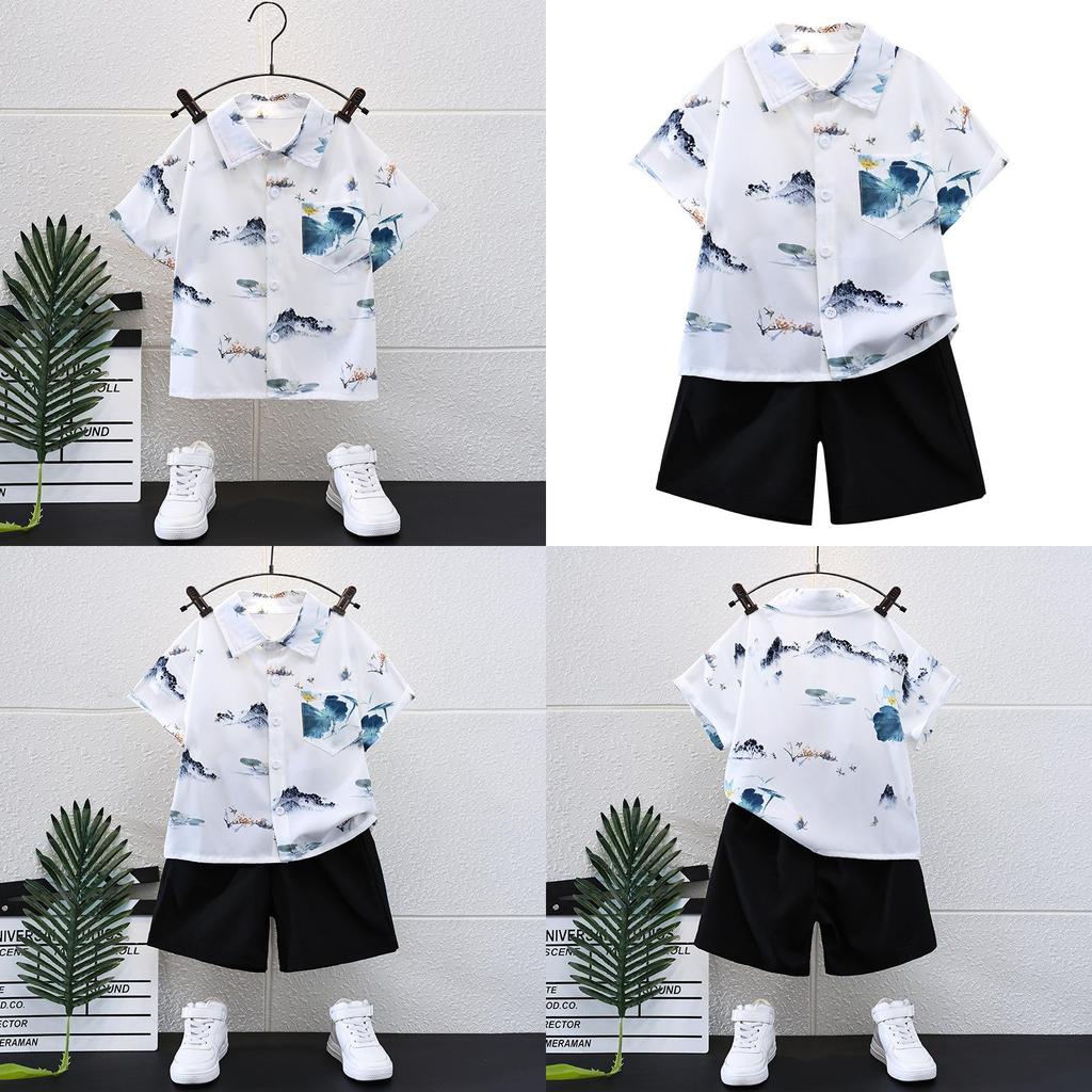 Trendy Summer Childrens Outfit For Boys Featuring Soft Cotton Short Sleeve Shirt And Shorts Set