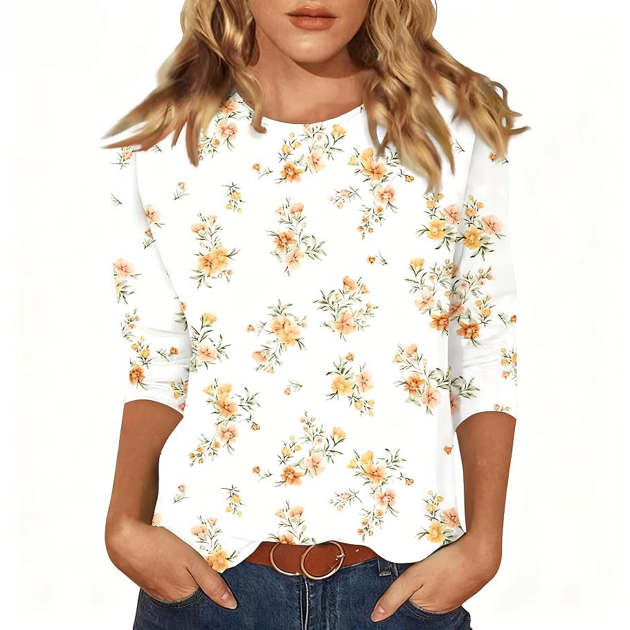 

Весенне-осенний топ с круглым вырезом и принтом 3D-цветочного узора, модная повседневная женская футболка с длинным рукавом S