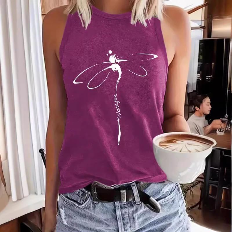 Tryckta Rundhalsade Tröjor Vår och Sommar Dam Casual Ärmlös Topp Väst