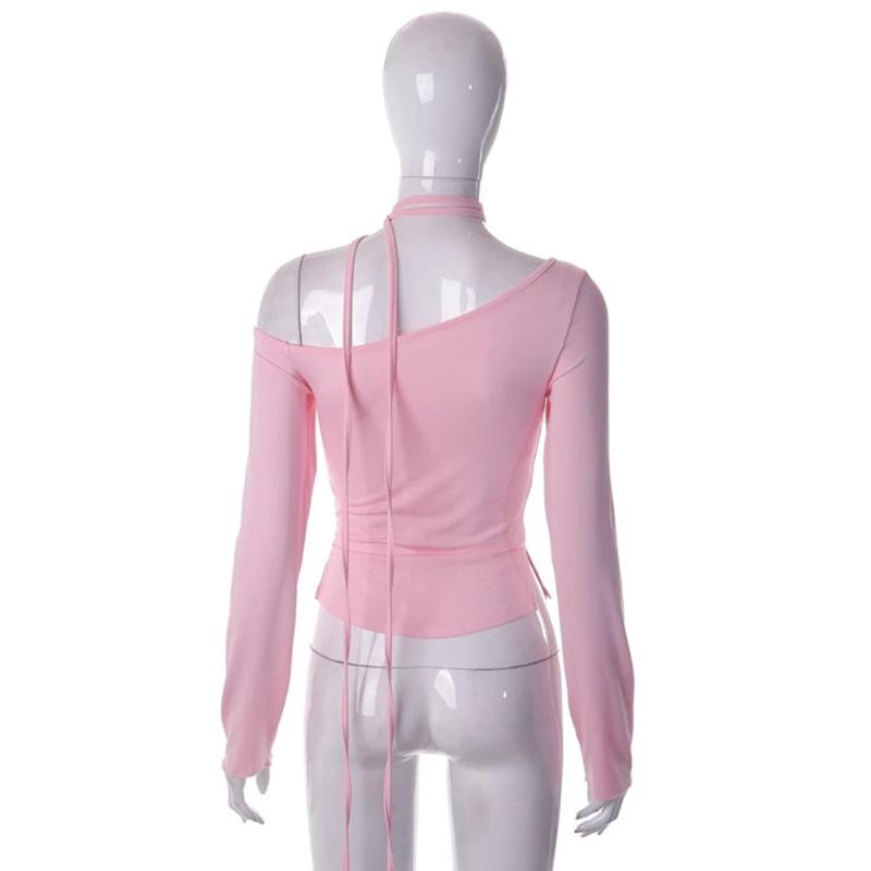 VAYLA Y2K Off Shoulder Long Sleeve Crop Top Women Sexy Slim Vintage Pink T Shirts Casual Outfits Streetwear Club