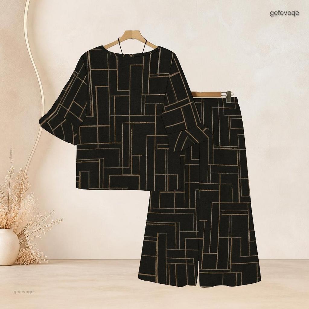 Women Plus Size Round Neck Flared Half Sleeve Top Black White Printed Long Pants Two Piece Set