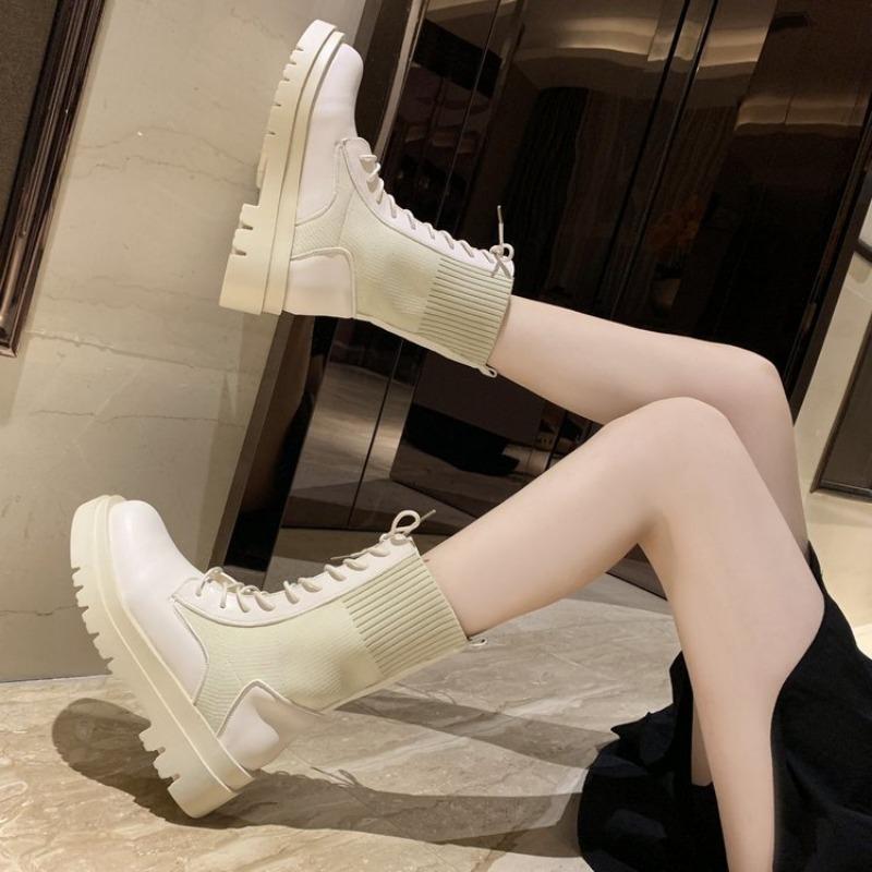 New British Style Knitted Elastic Thick Soled Short Boots Women Autumn Winter Fashion Street Pography Motorcycle Boots Women