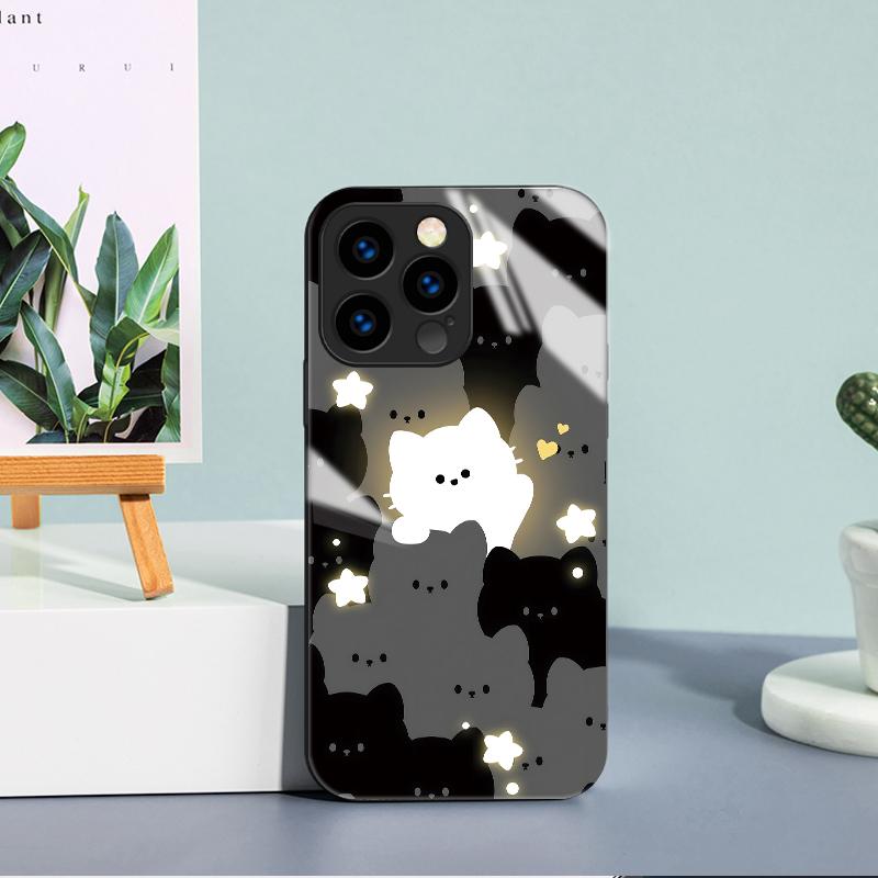Tempered Glass Casing Cute Cartoon Cats Printed Protective TPU Cover Soft Case Shell for iPhone Samsung