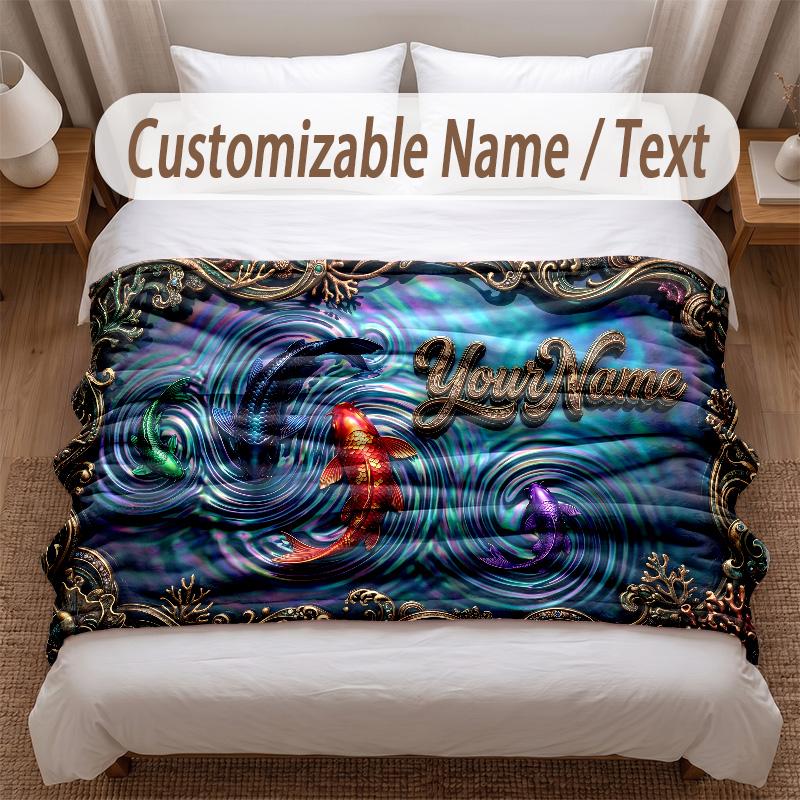 Koi Fish Theme Soft Blanket Personalized Custom Name Text Print Warm Blanket Home Sofa Bedroom Decor