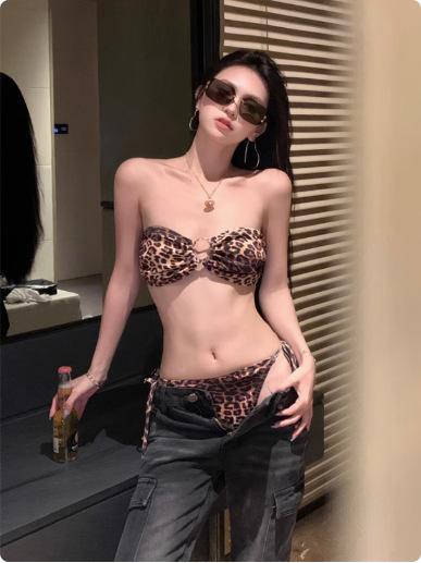 1011 new swimsuit, leopard print European and American sexy three-point halter strap ins wind bikini swimsuit bikini