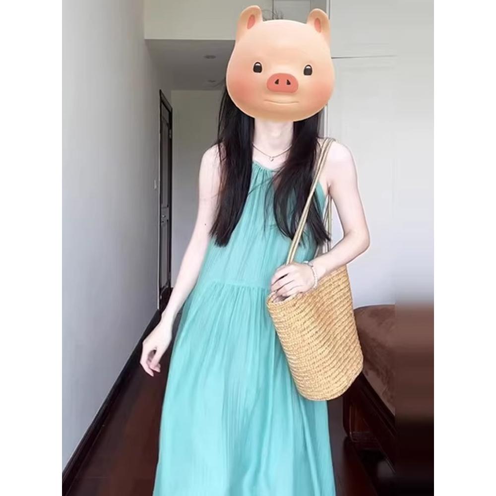 Resort dress small fresh simple sweet halterneck photo pleats large swing beach slip dress