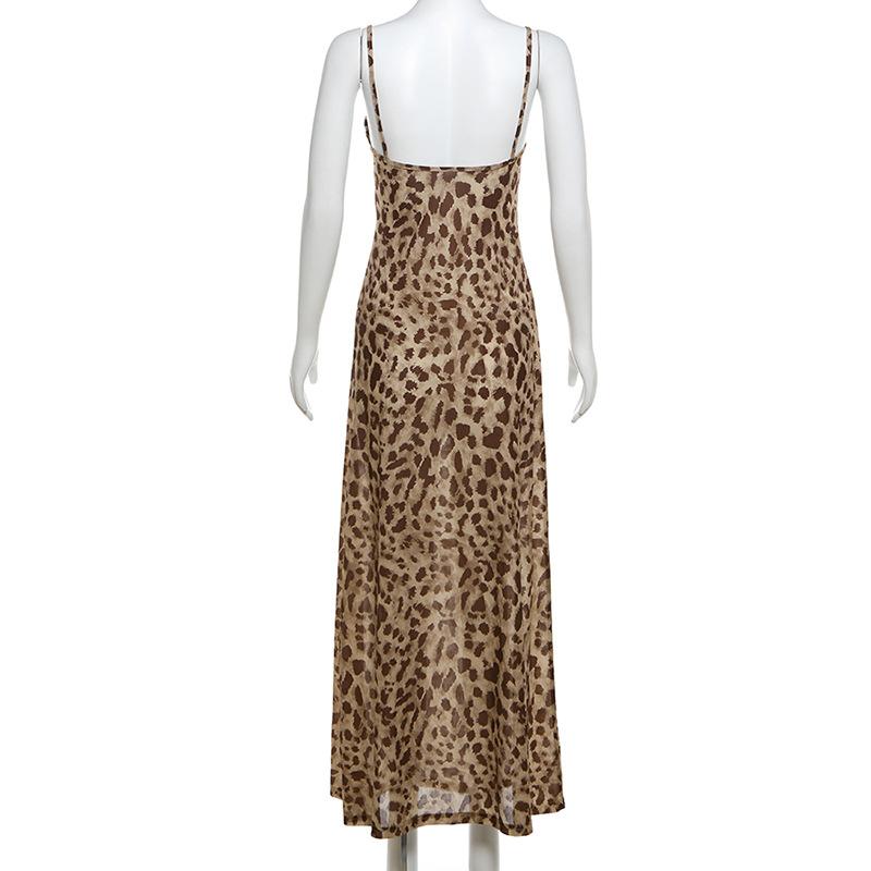 Leopard Print Sling Maxi Dress For Women Summer Elegant Backless Sleeveless Slip Long Dress Female Sexy Party Vestidos