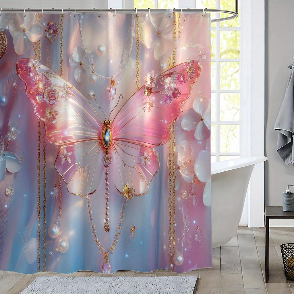 1pc Pink Glitter Butterfly Shower Curtain, Perfect Bathroom Decor for All Seasons, Shower Privacy | Digital Printed Curtain