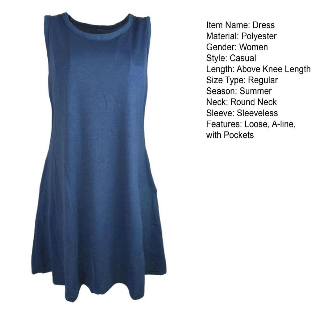 Yousheng Summer Mini Dress with Pockets Sleeveless A-line Round Neck Solid Color Above Knee Length Short Dress Dating Beach Party Dress
