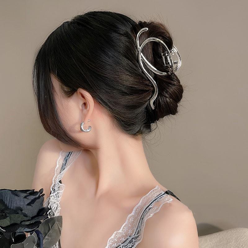 Silver Textured Metal Shark Hair Claw - Women's Stylish Updo Clip Accessory