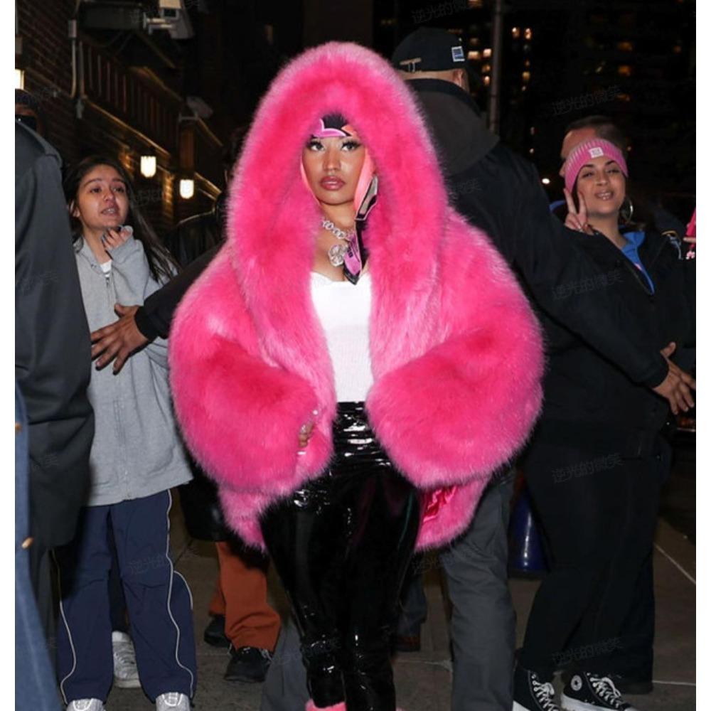 Women's Hooded Collar Long‑Sleeve Faux Fox‑Fur Coat Loose‑Fit Urban‑Chic Fleece Outerwear