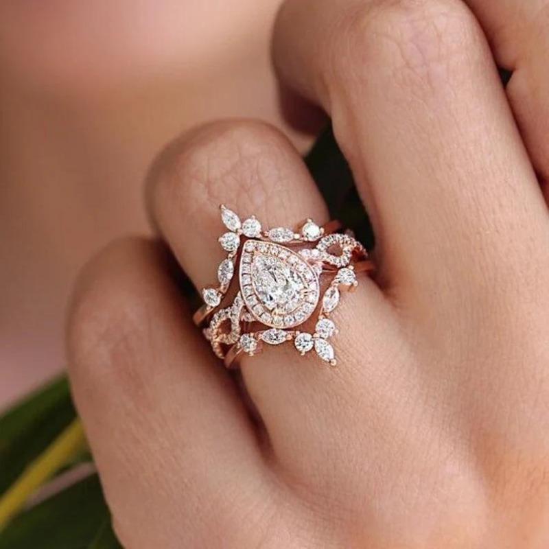 Temperament Water Drop Combination Three-Piece Marquise Zirconia Ring