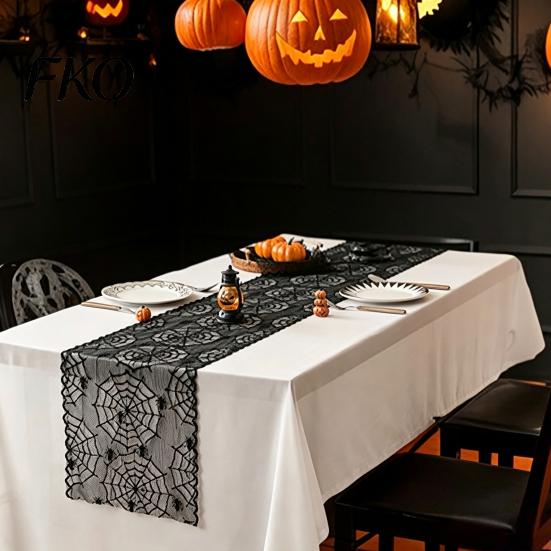 Indoor Halloween Decorations Cobweb Lace Table Runner, Black Spider Web Gothic Vintage Overlay Runner for Dining Table, Holiday Home Decor