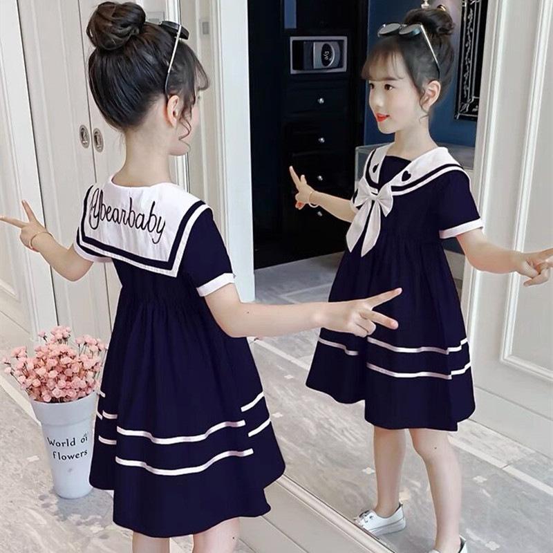 Girls' Summer Navy Collar Princess Dress – Korean Style for Medium and Large Children