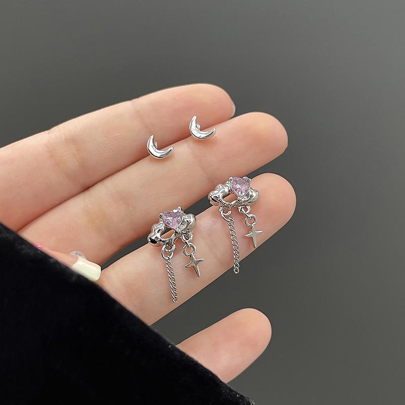 6Pcs/Set Pink Zircon Heart Cloud Stud Earrings For Women Punk Sweet Cool Moon Earring Aesthetic Jewelry Gifts