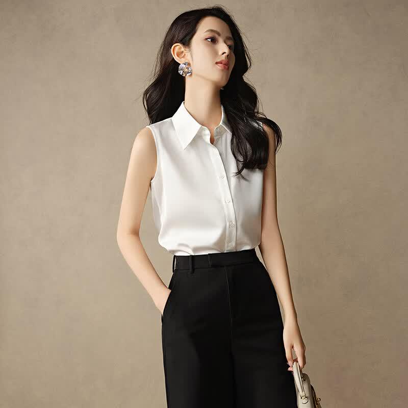 Women s Sleeveless Lapel Blouse S белый
