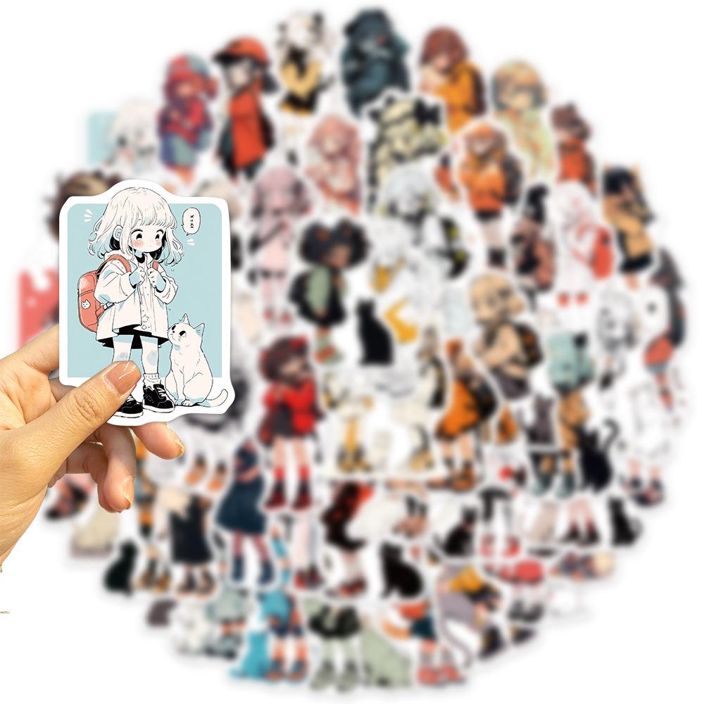 50 Pictures of Girls and Cats Doodle Stickers Personalized Decorative Guitar Notebook Suitcase DIY Waterproof