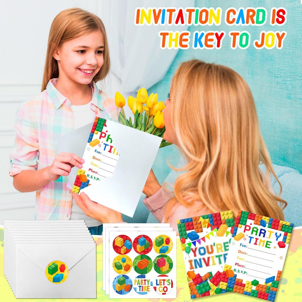 Building Blocks Birthday Party Invitations, Brick Party Invitation Card Building Birthday Invites with Stickers Envelopes Birthday Invites
