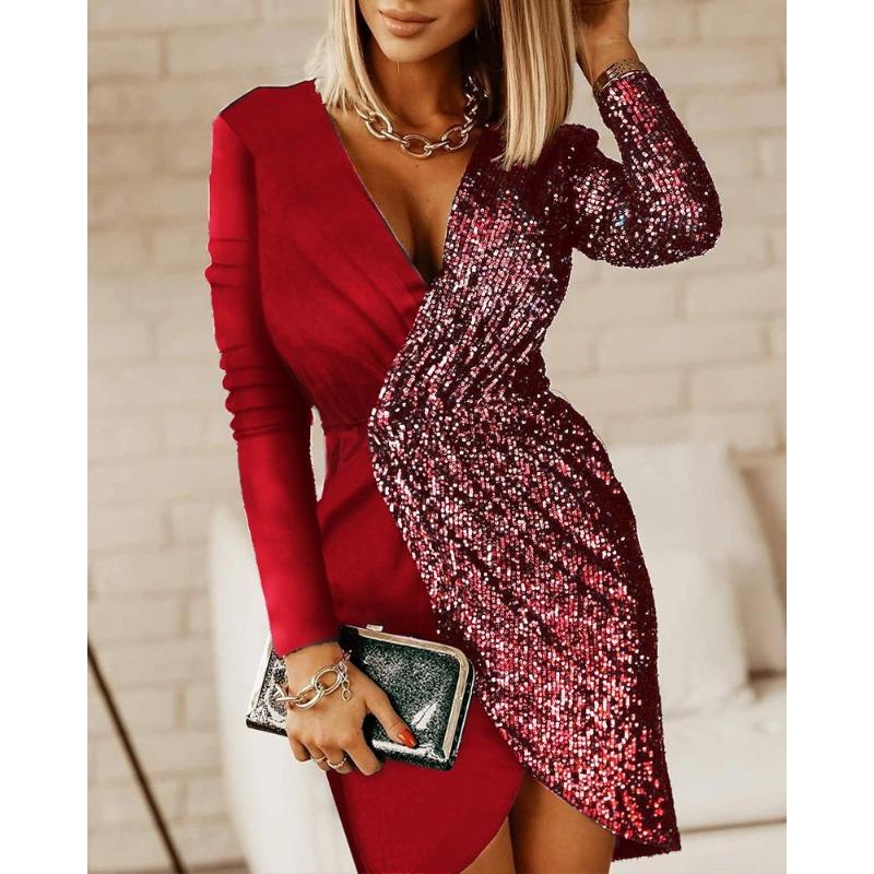 

Женская мода осень-зима с длинным рукавом с v-образным вырезом и высокой талией повседневные платья XXL красный