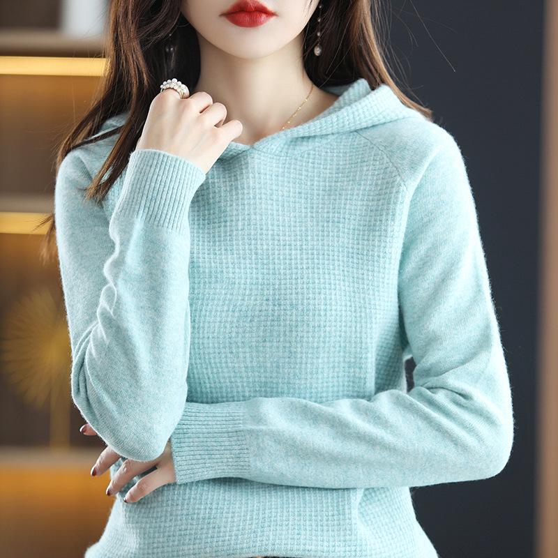 2023 Autumn/Winter Women's Pure Wool Hoodie Sweater - Cashmere Knit Pullover, Solid Color