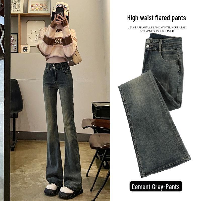 High-Waist Cement Gray Flared Jeans for Petite Women - Spring/Autumn 2024 Slim Fit