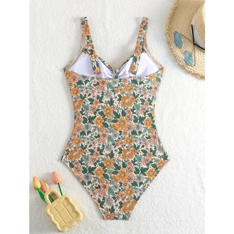 Traje de baño de una pieza con estampado floral vintage, cuello en V, control de abdomen, corte alto
