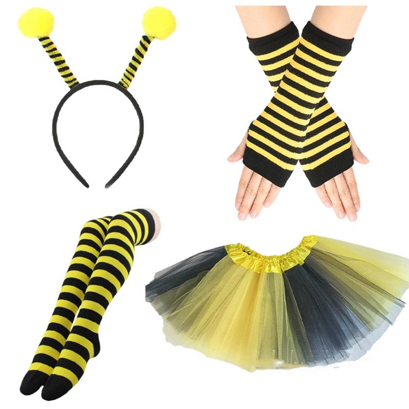 Bee Costume Set Bee Ear Headband Tutu Skirt Sleeve Sunglass Strip Sock for Kids Adult Halloween Christmas Animal Cosplay
