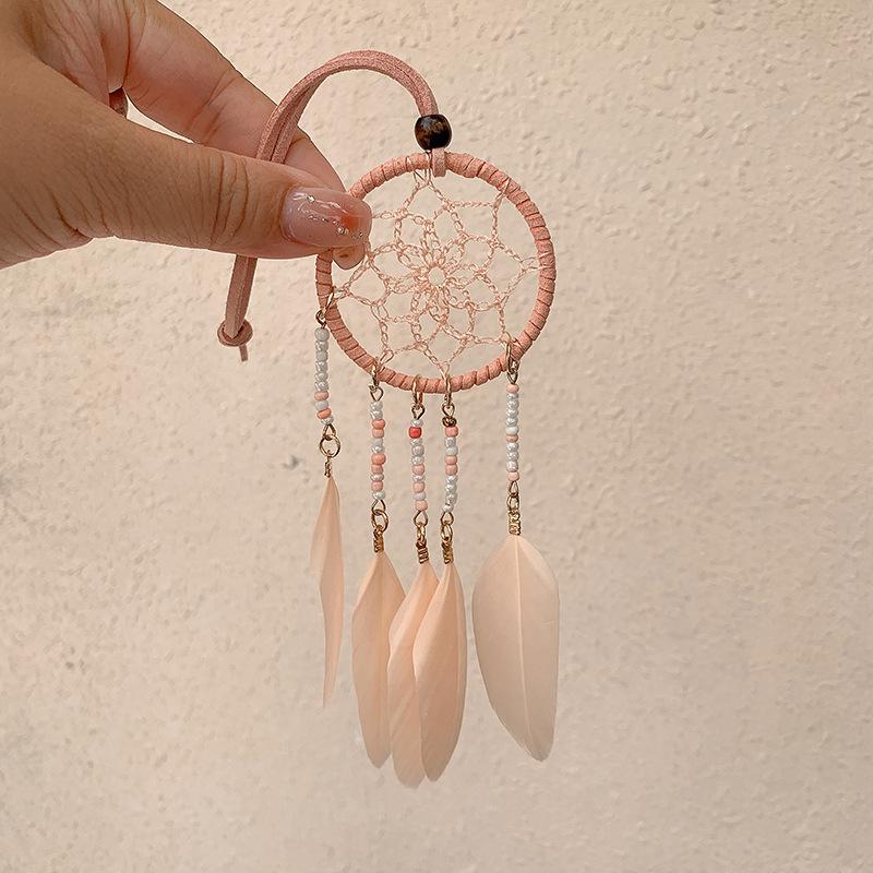 Bohemian Dream Catcher Wind Chime Pendant with Rice Beads - 5cm Wide, Southeast Asian Ethnic Style for Car Decoration.