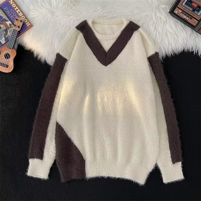 

Contrasting color splicing sweater men s 2025 autumn and winter new high street knitted sweater American high-end loose coat XXL
