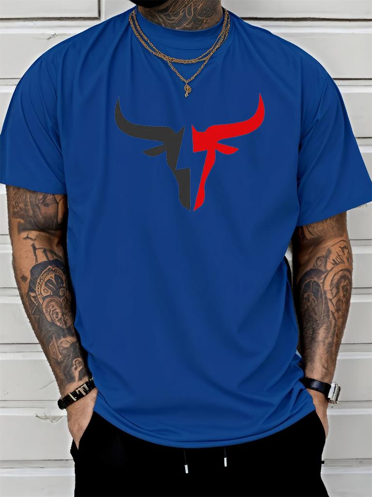 Summer Men's 100% Cotton Comfortable Casual Loose Fit Plus Size Bull Pattern Print Sports Round Neck Short Sleeved T-shirt Top