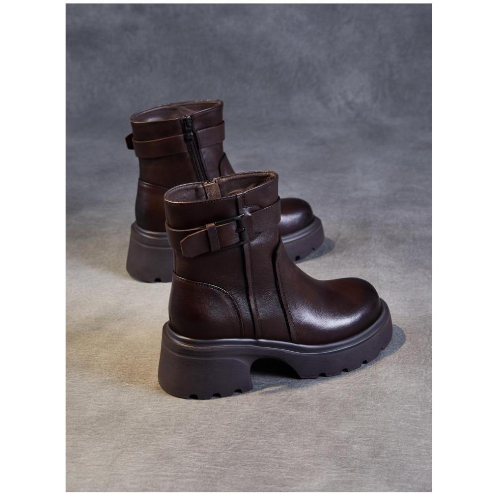 Women's Chelsea Boots Winter Plush Lined Chunky Platform Round Toe Ankle Boots with Metal Buckle Strap and Side Zipper