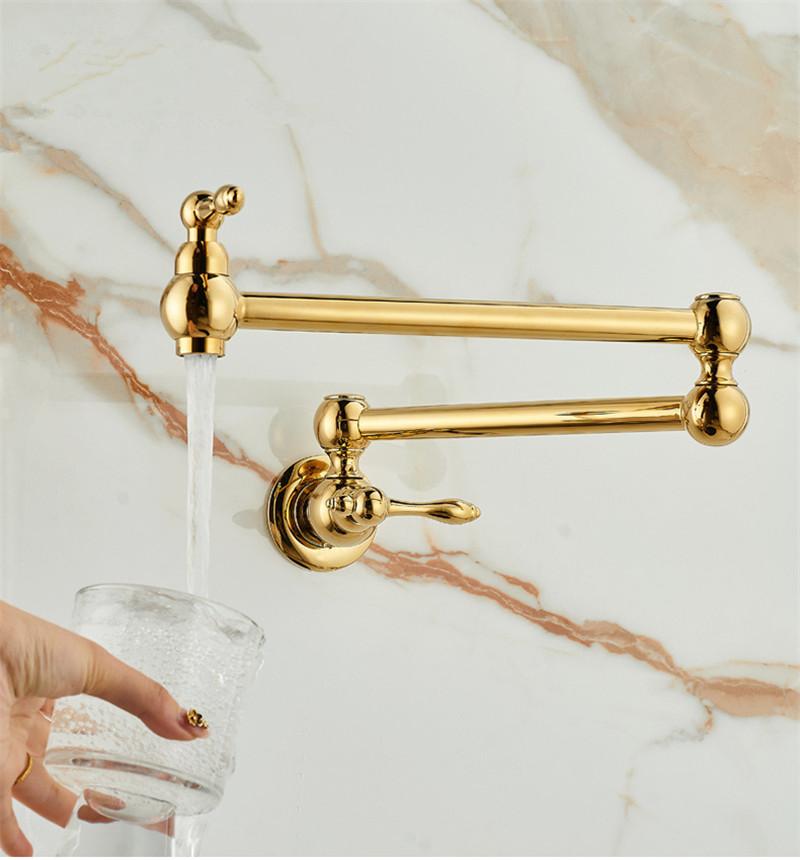 Złoty kran do napełniania garnków, montowany na ścianie, składany, antyczny kran kuchenny, pojedynczy zimny kran do zlewu, obrotowa składana wylewka, szczotkowany złoty mosiądz