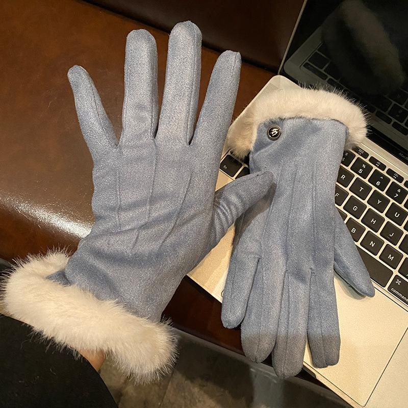 Suede Brown Plush Gloves Women's Autumn and Winter Thickened Plush Warm and Cold Outdoor Riding Gloves