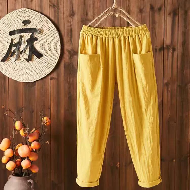 Women Loose Slim Cotton and Linen Pants Summer Thin Nine-Point Harem Pants Casual Straight Fit