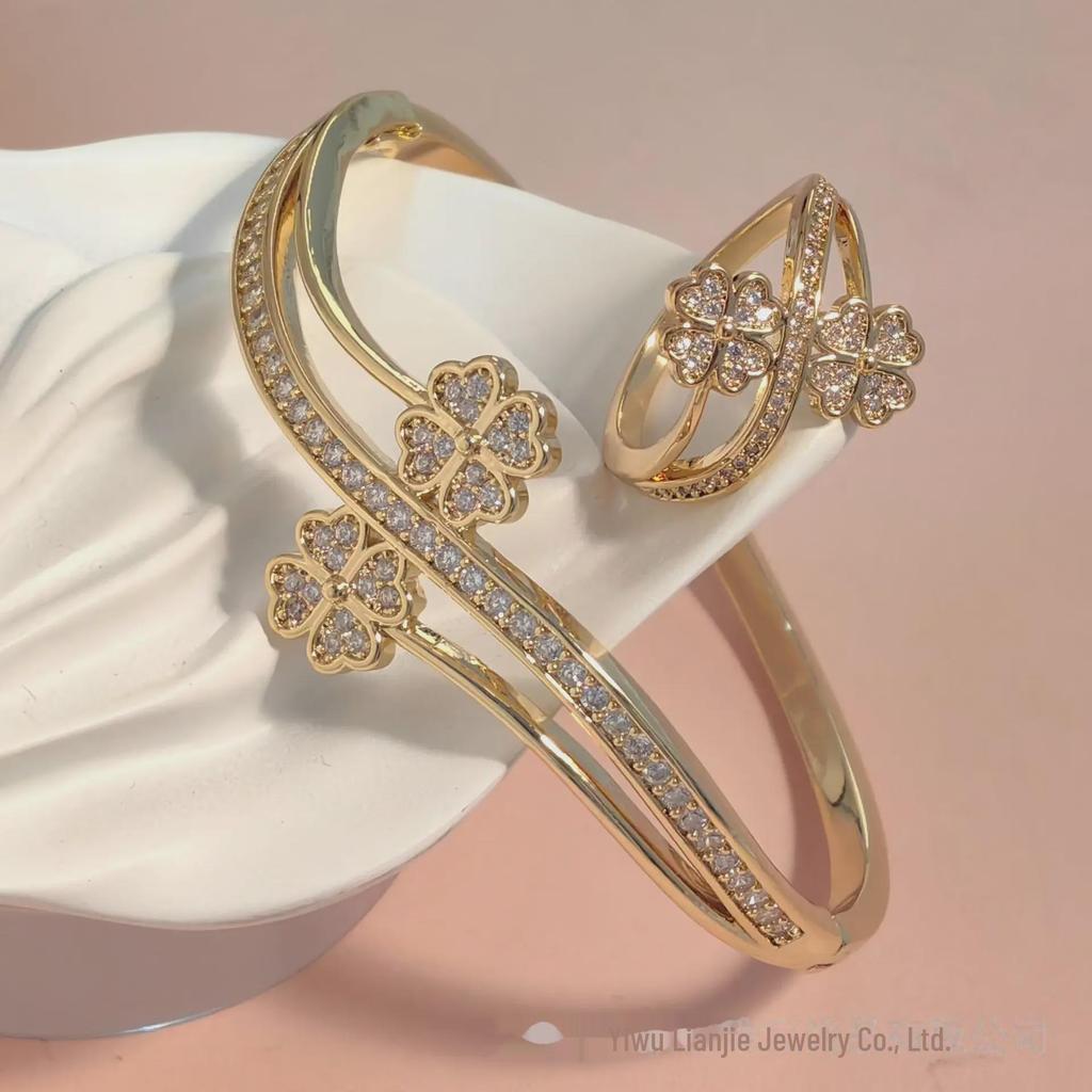 18K Gold Electroplated Four-Leaf Clover Bracelet and Ring Set with Diamonds