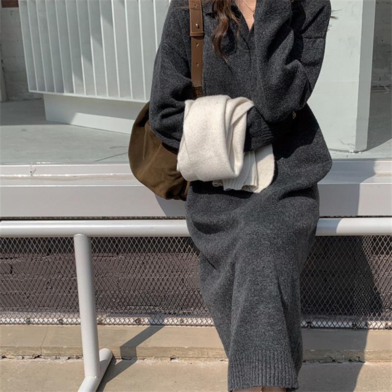 

Autumn and winter new lazy wind loose sweater fashion temperament long base with coat knitted dress women average size чорний колір сірий