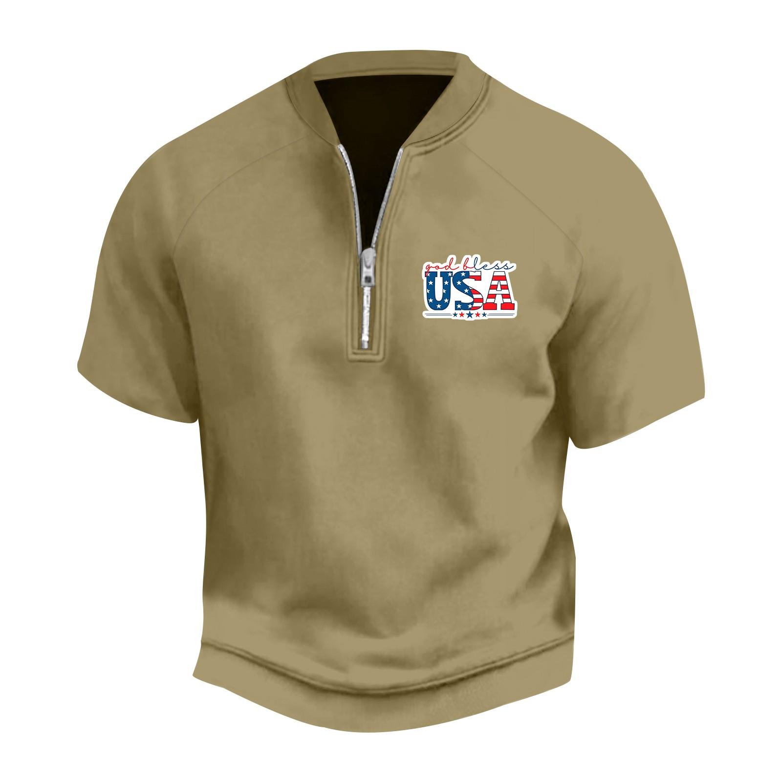 

Мужская летняя винтажная футболка с полумолнией и принтом флага Дня независимости с коротким рукавом XXXL бежевый