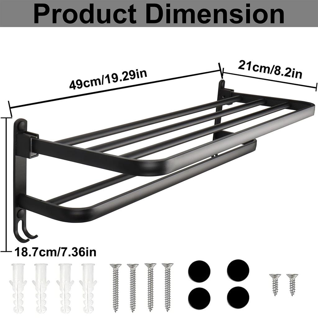50CM Matte Black Folding Holder With Hook Towel Holder Wall Mount AluminumTowel Rack Bathroom Shower Rack Bathroom Accessories