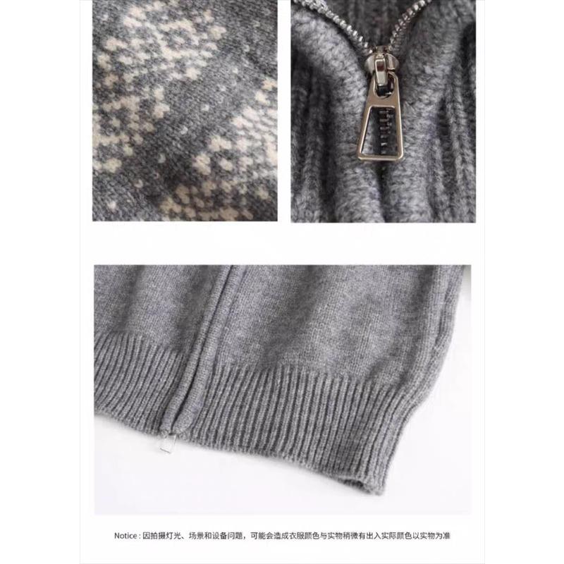 Korean Fashion Autumn Winter Zipper Cardigan Women Sweater Jacket Retro Printed Lapel Loose Knitted Coats Long Sleeve Office Fashion Elegant Clothing
