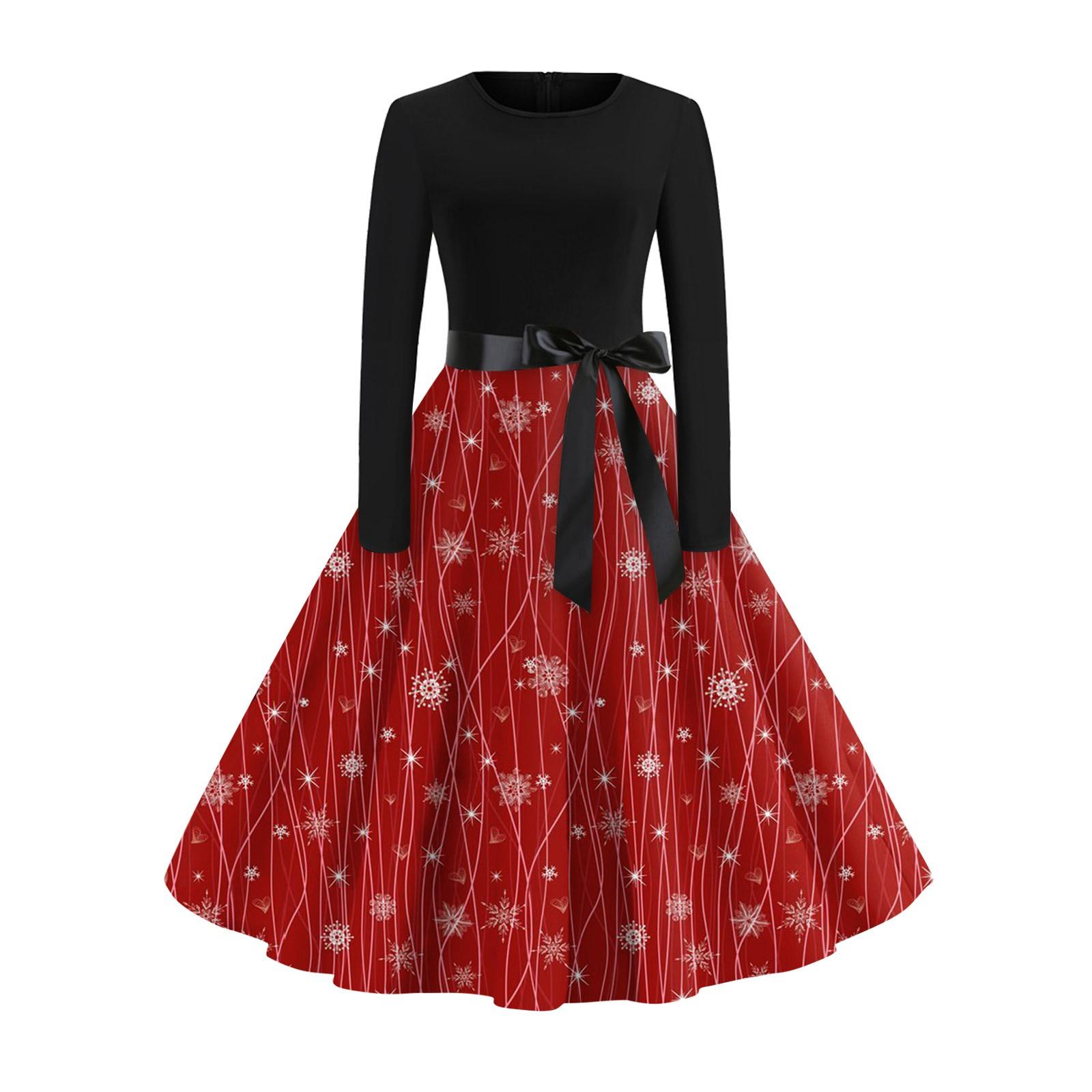 Женское винтажное классическое платье с длинным рукавом и рождественским принтом — фото 5