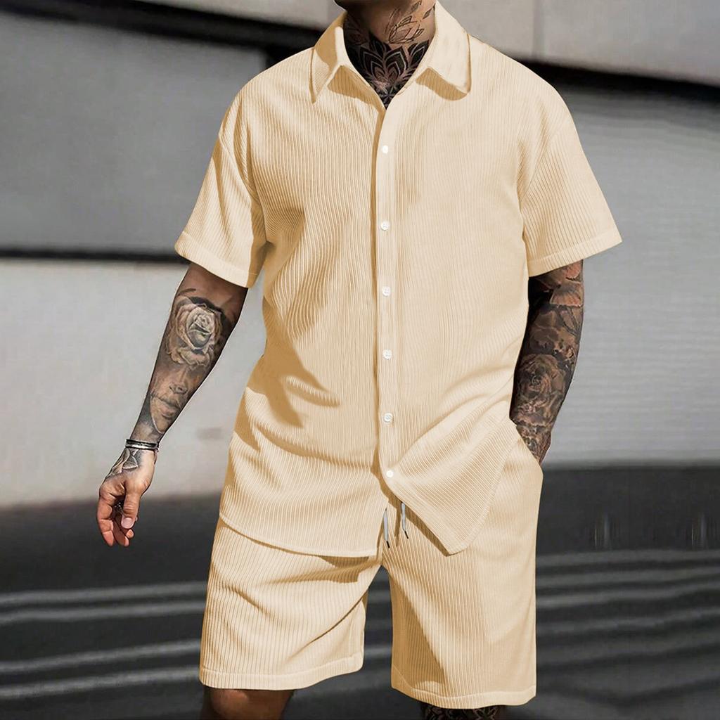 Men's Summer Solid Color Stripe Casual Fashion Loose Short-Sleeved Shorts Shirt Suit