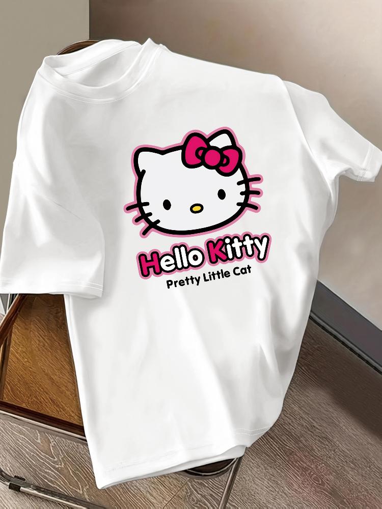 

2026 Summer Hello Kitty Oversized Tshirt High Quality 100 Cotton Pretty Little Cat Print Unisex Casual Y2K for Adults Kids S